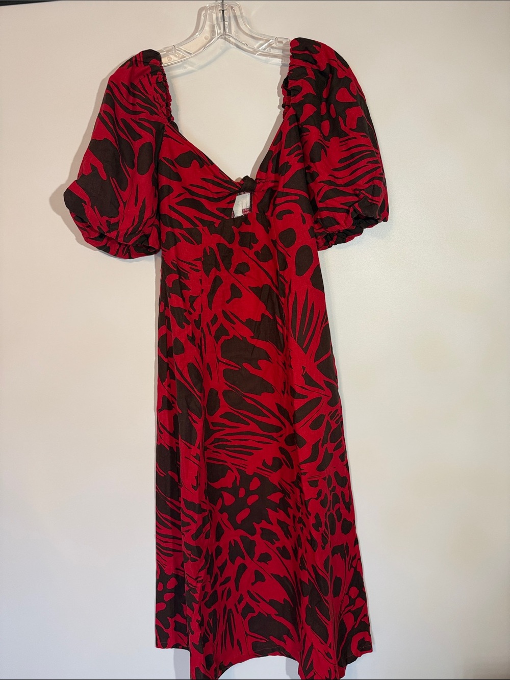 Everly Red and Black Printed Midi Dress with Puff Sleeves
